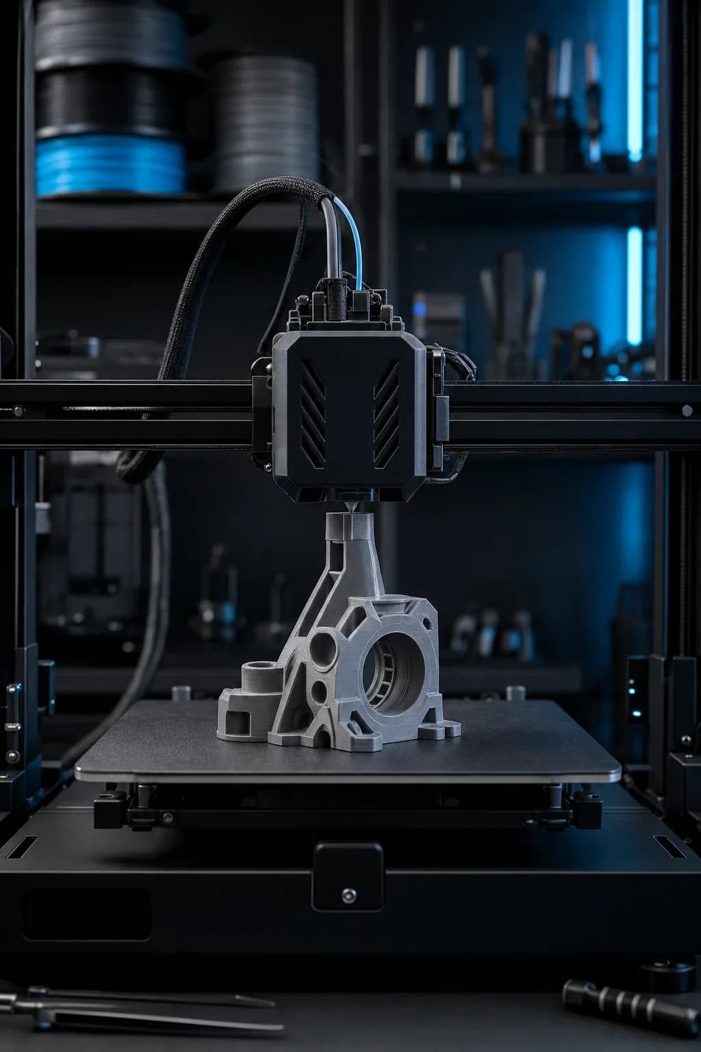 3D-принтер печатает прецизионную механическую деталь в тёмной мастерской, голубая подсветка