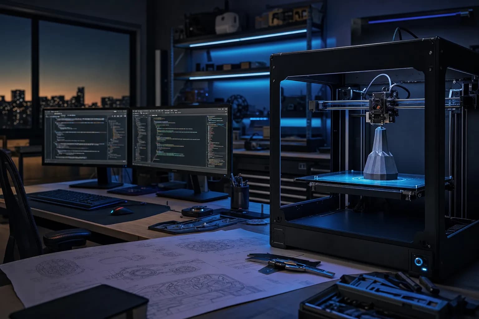 3D-принтер печатает прецизионную деталь в тёмной мастерской, на фоне размытая печатная плата, голубая и фиолетовая подсветка